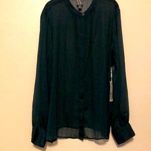 Worthington Women Mysterious Green Shimmer See Through Stripe Blouse XL